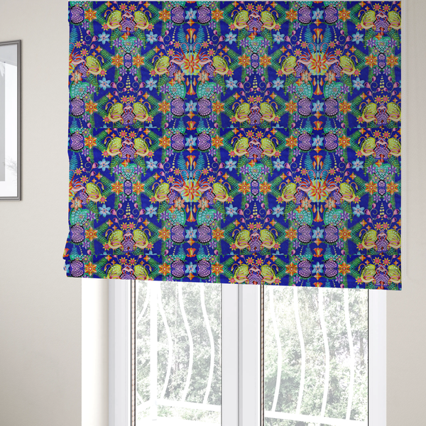 The fabric used to create these Roman blinds is a fabric features an intricate, psychedelic-inspired tropical print with a rich, dark blue background.