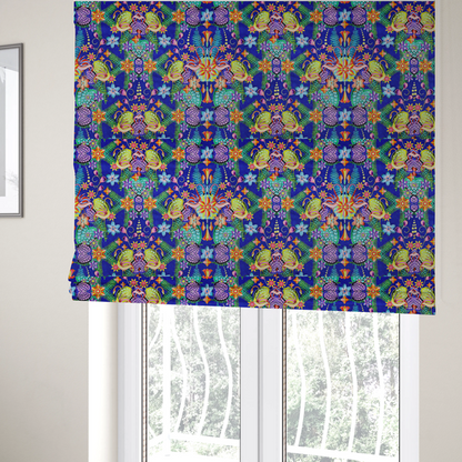 The fabric used to create these Roman blinds is a fabric features an intricate, psychedelic-inspired tropical print with a rich, dark blue background.