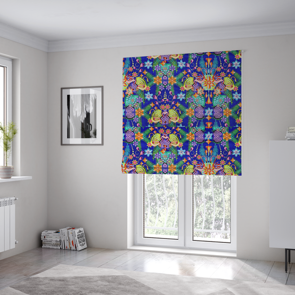 The fabric used to create these Roman blinds is a fabric features an intricate, psychedelic-inspired tropical print with a rich, dark blue background.