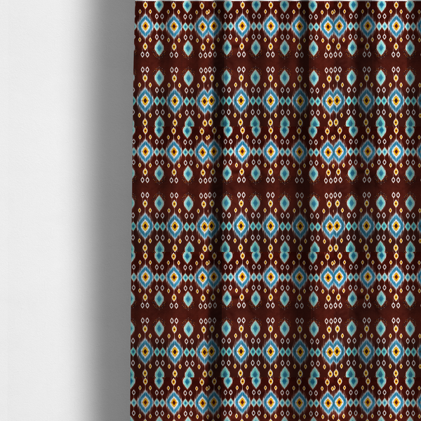 The fabric used to create these made-to-measure curtains is a fabric features a geometric, traditional-inspired ikat pattern set against a deep, rich chocolate-brown background.