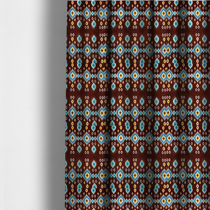 The fabric used to create these made-to-measure curtains is a fabric features a geometric, traditional-inspired ikat pattern set against a deep, rich chocolate-brown background.