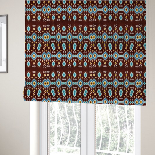 The fabric used to create these Roman blinds is a fabric features a geometric, traditional-inspired ikat pattern set against a deep, rich chocolate-brown background.