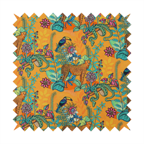 This vibrant, maximalist fabric features a stylized jungle motif set against a bold, warm orange background.