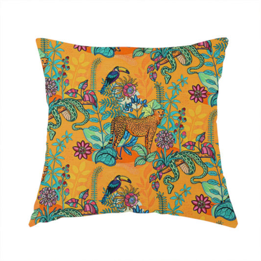 The fabric used to create this handmade cushion is a vibrant, maximalist fabric features a stylized jungle motif set against a bold, warm orange background.