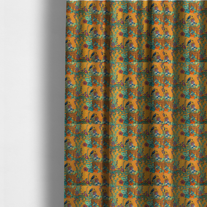 The fabric used to create these made-to-measure curtains is a vibrant, maximalist fabric features a stylized jungle motif set against a bold, warm orange background.