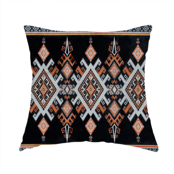 The fabric used to create this handmade cushion is a  fabric features a striking, traditional-style geometric pattern reminiscent of Southeast Asian ethnic textiles (such as Thai or Laotian silk motifs).
