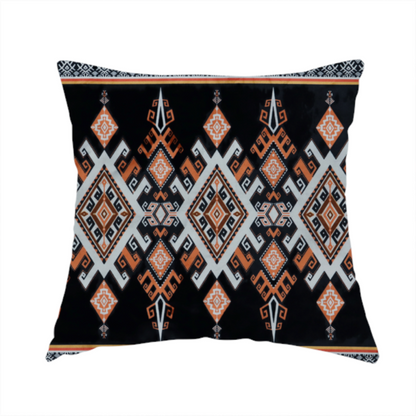 The fabric used to create this handmade cushion is a  fabric features a striking, traditional-style geometric pattern reminiscent of Southeast Asian ethnic textiles (such as Thai or Laotian silk motifs).
