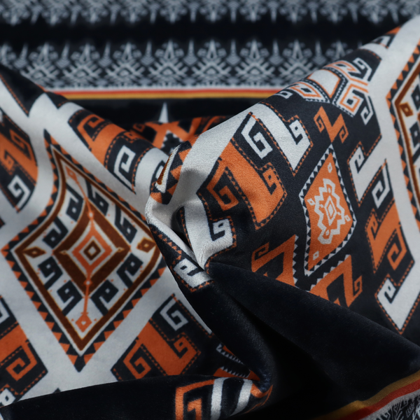 This fabric features a striking, traditional-style geometric pattern reminiscent of Southeast Asian ethnic textiles (such as Thai or Laotian silk motifs).