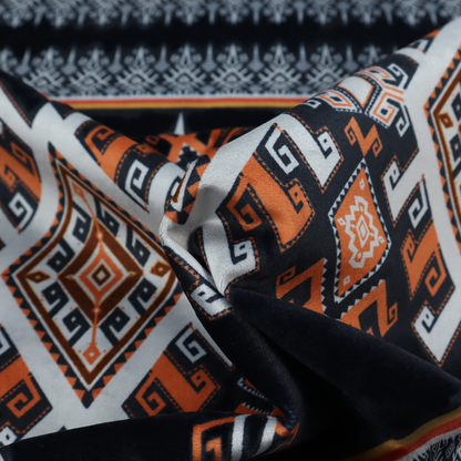 This fabric features a striking, traditional-style geometric pattern reminiscent of Southeast Asian ethnic textiles (such as Thai or Laotian silk motifs).