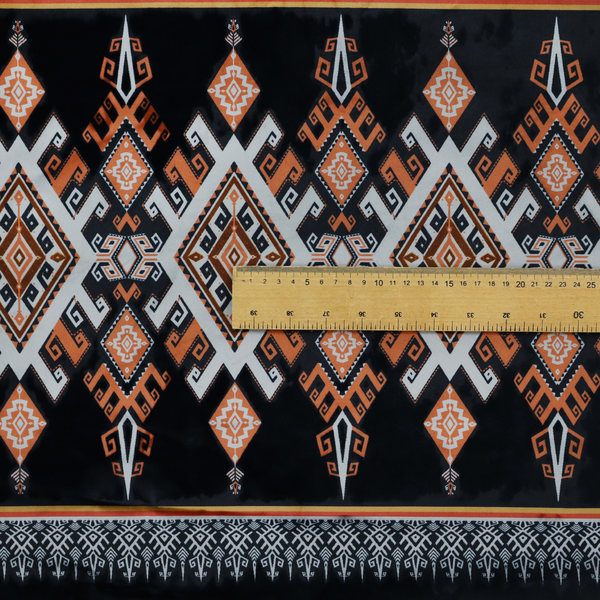 This fabric features a striking, traditional-style geometric pattern reminiscent of Southeast Asian ethnic textiles (such as Thai or Laotian silk motifs).