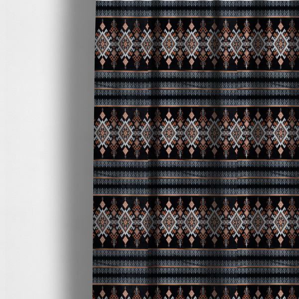The fabric used to create these made-to-measure curtains is a fabric features a striking, traditional-style geometric pattern reminiscent of Southeast Asian ethnic textiles (such as Thai or Laotian silk motifs).