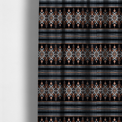 The fabric used to create these made-to-measure curtains is a fabric features a striking, traditional-style geometric pattern reminiscent of Southeast Asian ethnic textiles (such as Thai or Laotian silk motifs).