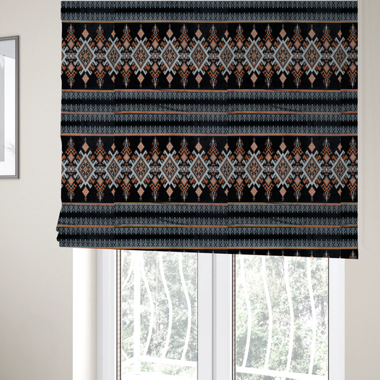 The fabric used to create these Roman blinds is a fabric features a striking, traditional-style geometric pattern reminiscent of Southeast Asian ethnic textiles (such as Thai or Laotian silk motifs).