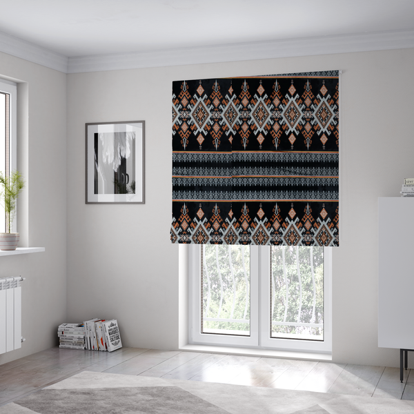 The fabric used to create these Roman blinds is a fabric features a striking, traditional-style geometric pattern reminiscent of Southeast Asian ethnic textiles (such as Thai or Laotian silk motifs).