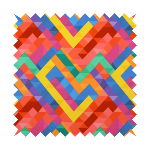 This fabric features a vibrant, geometric, and modular design that creates a dynamic, three-dimensional effect.
