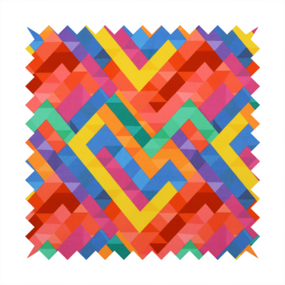 This fabric features a vibrant, geometric, and modular design that creates a dynamic, three-dimensional effect.
