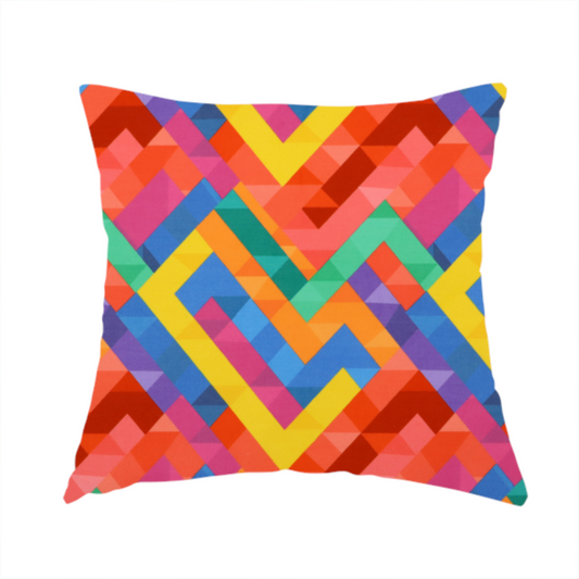 The fabric used to create this handmade cushion is a fabric features a vibrant, geometric, and modular design that creates a dynamic, three-dimensional effect.