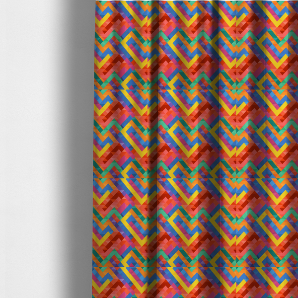 The fabric used to create these made-to-measure curtains is a fabric features a vibrant, geometric, and modular design that creates a dynamic, three-dimensional effect.