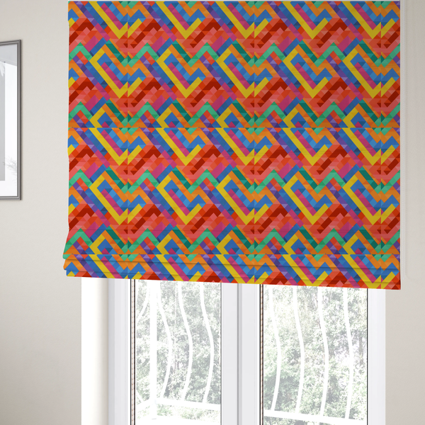 The fabric used to create these Roman blinds is a fabric features a vibrant, geometric, and modular design that creates a dynamic, three-dimensional effect.