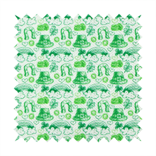 Seamless St. Patrick’s Day fabric pattern featuring hand-sketched green icons including leprechaun top hats, lucky horseshoes, rainbows over clouds, four-leaf clovers, and small gold coins on a white textured background.
