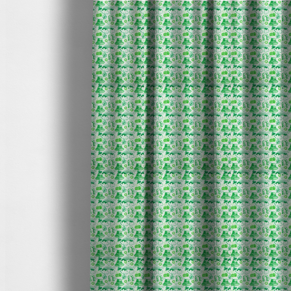 The fabric used to create these made-to-measure curtains is a seamless St. Patrick’s Day fabric pattern featuring hand-sketched green icons including leprechaun top hats, lucky horseshoes, rainbows over clouds, four-leaf clovers, and small gold coins on a white textured background.