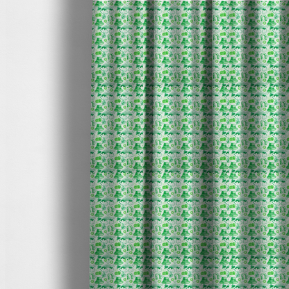 The fabric used to create these made-to-measure curtains is a seamless St. Patrick’s Day fabric pattern featuring hand-sketched green icons including leprechaun top hats, lucky horseshoes, rainbows over clouds, four-leaf clovers, and small gold coins on a white textured background.