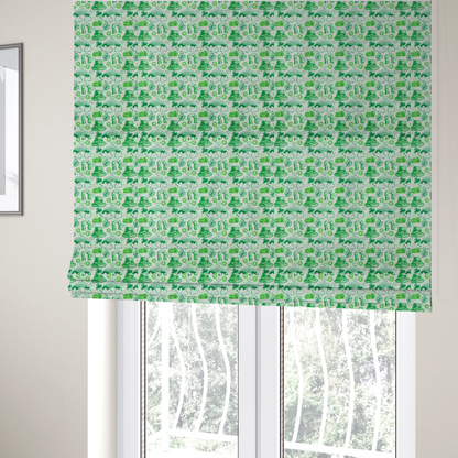 The fabric used to create these Roman blinds is a seamless St. Patrick’s Day fabric pattern featuring hand-sketched green icons including leprechaun top hats, lucky horseshoes, rainbows over clouds, four-leaf clovers, and small gold coins on a white textured background.