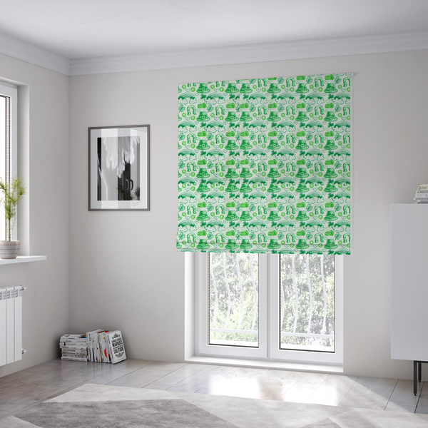 The fabric used to create these Roman blinds is a seamless St. Patrick’s Day fabric pattern featuring hand-sketched green icons including leprechaun top hats, lucky horseshoes, rainbows over clouds, four-leaf clovers, and small gold coins on a white textured background.