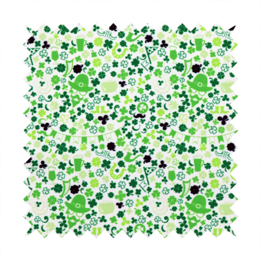 Seamless St. Patrick’s Day fabric pattern on a white background featuring green party bunting banners, frothy beer mugs, leprechaun hats with sunglasses, pipes, horseshoes, and black and green shamrocks.