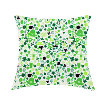 The fabric used to create this handmade cushion is a seamless St. Patrick’s Day fabric pattern on a white background featuring green party bunting banners, frothy beer mugs, leprechaun hats with sunglasses, pipes, horseshoes, and black and green shamrocks.