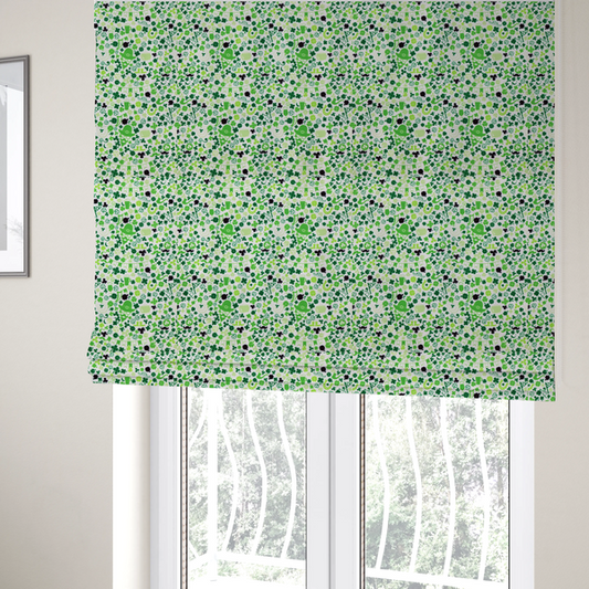 The fabric used to create these Roman blinds is a seamless St. Patrick’s Day fabric pattern on a white background featuring green party bunting banners, frothy beer mugs, leprechaun hats with sunglasses, pipes, horseshoes, and black and green shamrocks.