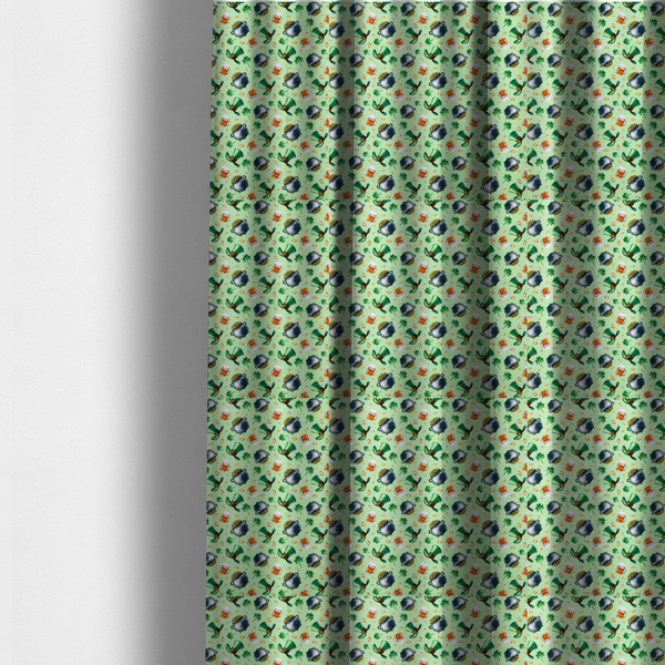 The fabric used to create these made-to-measure curtains is a high-detail St. Patrick's Day fabric pattern on a light green textured background. The print features iron cauldrons overflowing with gold coins, frothy beer mugs, green leprechaun top hats with gold buckles, and scattered four-leaf clovers.