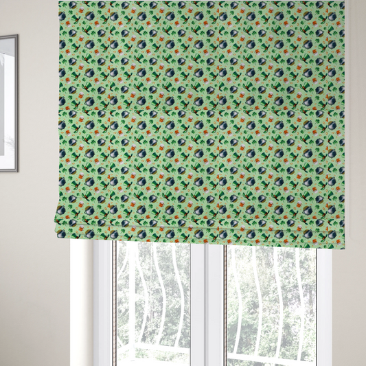 The fabric used to create these Roman blinds is a high-detail St. Patrick's Day fabric pattern on a light green textured background. The print features iron cauldrons overflowing with gold coins, frothy beer mugs, green leprechaun top hats with gold buckles, and scattered four-leaf clovers.