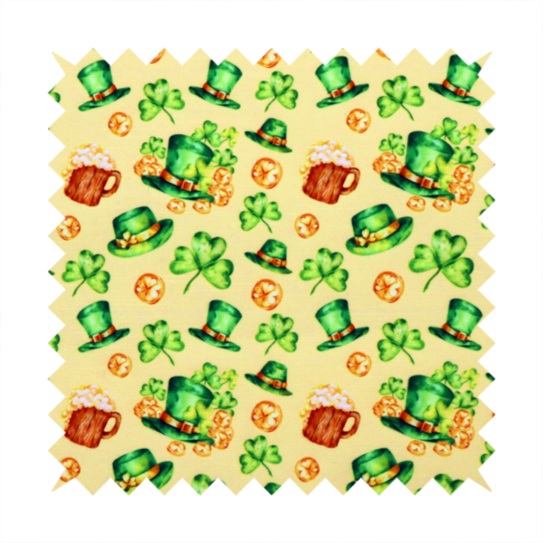 Seamless St. Patrick’s Day fabric pattern on a warm buttercream yellow background. Features watercolour-style green leprechaun top hats, wooden beer steins with foam, overflowing gold coins, and bright green shamrocks.