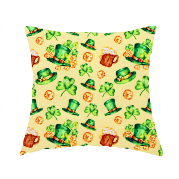 The fabric used to create these handmade cushions is a seamless St. Patrick’s Day fabric pattern on a warm buttercream yellow background. Features watercolour-style green leprechaun top hats, wooden beer steins with foam, overflowing gold coins, and bright green shamrocks.