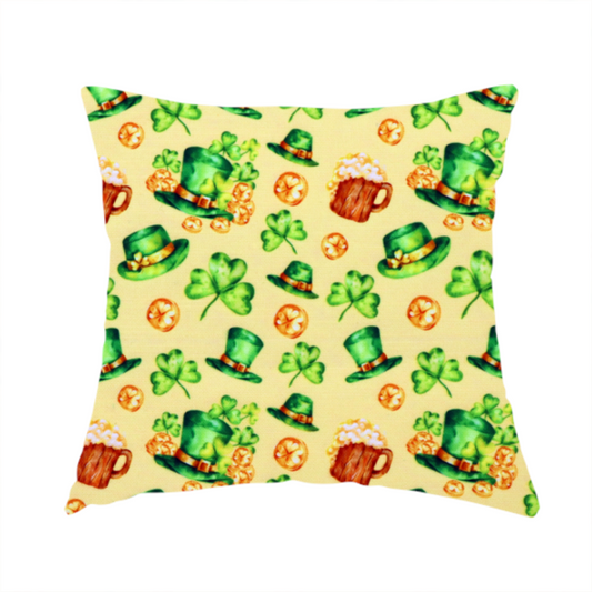 The fabric used to create these handmade cushions is a seamless St. Patrick’s Day fabric pattern on a warm buttercream yellow background. Features watercolour-style green leprechaun top hats, wooden beer steins with foam, overflowing gold coins, and bright green shamrocks.