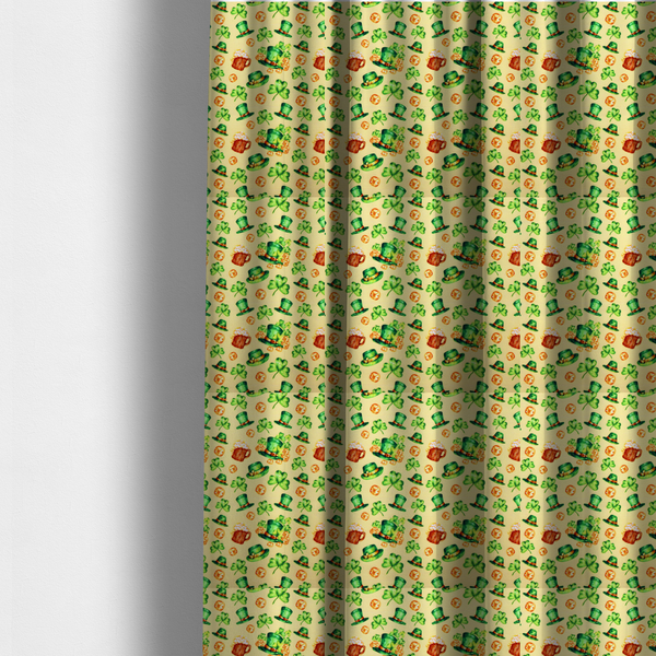The fabric used to create these made-to-measure curtains is a seamless St. Patrick’s Day fabric pattern on a warm buttercream yellow background. Features watercolour-style green leprechaun top hats, wooden beer steins with foam, overflowing gold coins, and bright green shamrocks.
