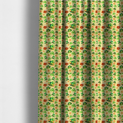 The fabric used to create these made-to-measure curtains is a seamless St. Patrick’s Day fabric pattern on a warm buttercream yellow background. Features watercolour-style green leprechaun top hats, wooden beer steins with foam, overflowing gold coins, and bright green shamrocks.