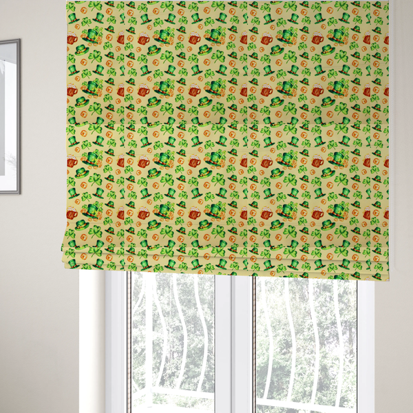 The fabric used to create these Roman blinds is a seamless St. Patrick’s Day fabric pattern on a warm buttercream yellow background. Features watercolour-style green leprechaun top hats, wooden beer steins with foam, overflowing gold coins, and bright green shamrocks.