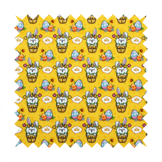This is a vibrant, repetitive Easter-themed pattern fabric, set against a bright mustard-yellow background. The design features several recurring hand-drawn, cartoon-style illustrations.