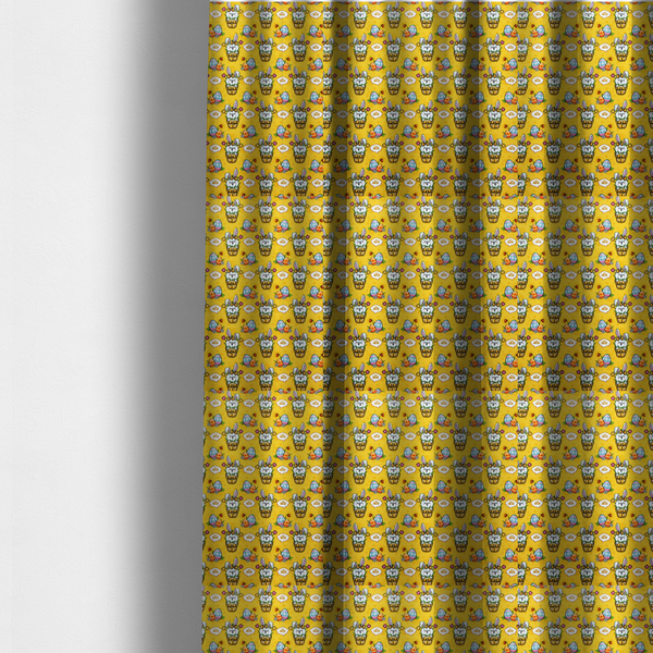 The fabric used to create these made-to-measure curtains is a vibrant, repetitive Easter-themed pattern fabric, set against a bright mustard-yellow background. The design features several recurring hand-drawn, cartoon-style illustrations.