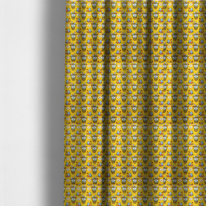 The fabric used to create these made-to-measure curtains is a vibrant, repetitive Easter-themed pattern fabric, set against a bright mustard-yellow background. The design features several recurring hand-drawn, cartoon-style illustrations.
