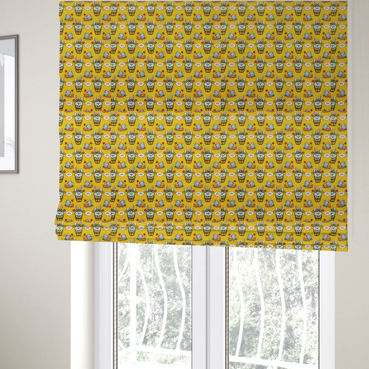 The fabric used to create these Roman blinds  is a vibrant, repetitive Easter-themed pattern fabric, set against a bright mustard-yellow background. The design features several recurring hand-drawn, cartoon-style illustrations.