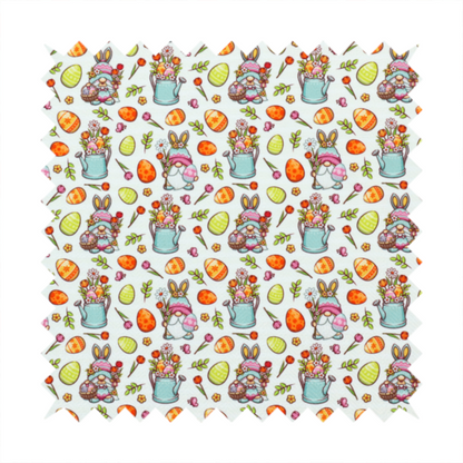 This fabric features a playful and detailed Easter garden pattern set against a crisp, white background. The design is a bright and busy "tossed" print that combines the popular gnome trend with traditional spring motifs.