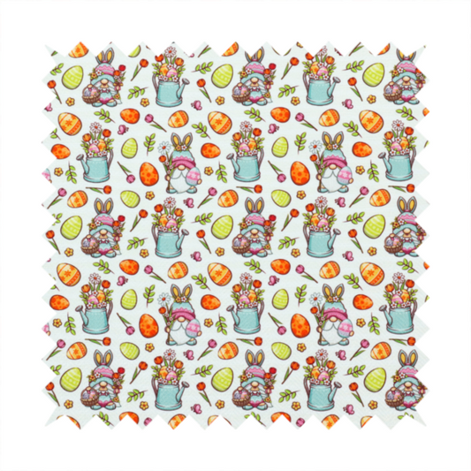 This fabric features a playful and detailed Easter garden pattern set against a crisp, white background. The design is a bright and busy "tossed" print that combines the popular gnome trend with traditional spring motifs.