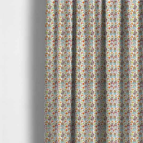The fabric used to create these made-to-measure curtains features a playful and detailed Easter garden pattern set against a crisp, white background. The design is a bright and busy "tossed" print that combines the popular gnome trend with traditional spring motifs.