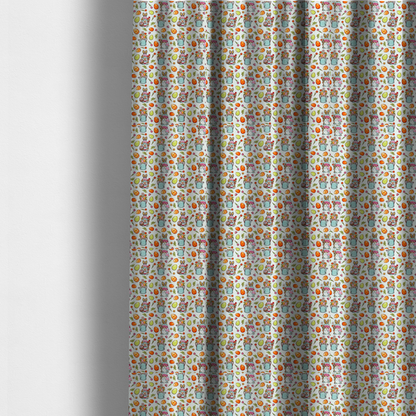 The fabric used to create these made-to-measure curtains features a playful and detailed Easter garden pattern set against a crisp, white background. The design is a bright and busy "tossed" print that combines the popular gnome trend with traditional spring motifs.