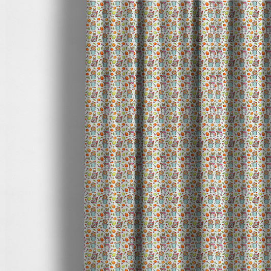 The fabric used to create these made-to-measure curtains features a playful and detailed Easter garden pattern set against a crisp, white background. The design is a bright and busy "tossed" print that combines the popular gnome trend with traditional spring motifs.