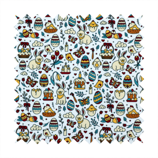 This fabric features a whimsical, hand-drawn Easter doodle pattern set against a clean, pale blue-grey background. The design is a dense, "scatter" style print using a primary colour palette of deep red, mustard yellow, and teal blue.