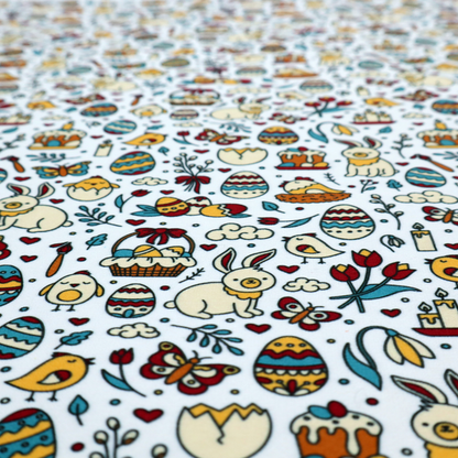 This fabric features a whimsical, hand-drawn Easter doodle pattern set against a clean, pale blue-grey background. The design is a dense, "scatter" style print using a primary colour palette of deep red, mustard yellow, and teal blue.